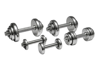 Set of chrome dumbbells in various sizes isolated on a transparent background 1