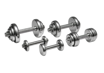 Set of chrome dumbbells in various sizes isolated on a transparent background 1