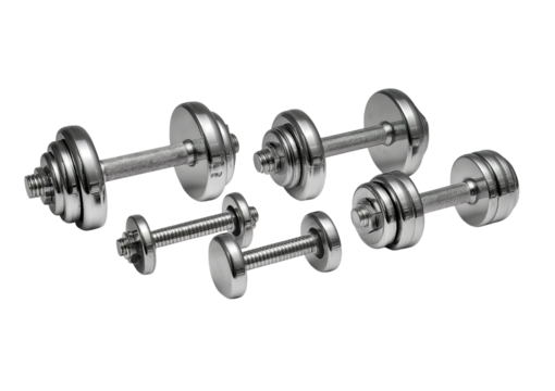 Set of chrome dumbbells in various sizes isolated on a transparent background 1
