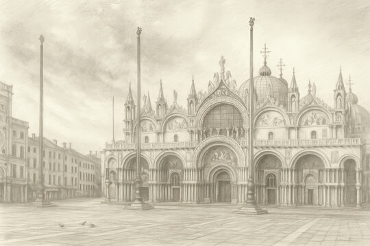 A pencil sketch of St. Mark's Basilica in Venice, Italy, with the Campanile standing tall beside the cathedral, set agai
