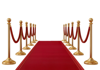 Red carpet with golden stanchions and ropes isolated on a transparent background