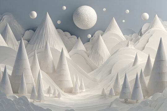 Surreal snowy mountain valley with paper craft aesthetic and celestial sphere