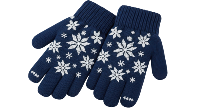 Navy blue knitted winter gloves with snowflakes isolated PNG with Transparent Background