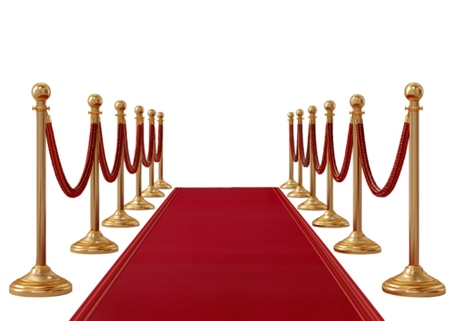 Red carpet with golden stanchions and ropes isolated on a transparent background