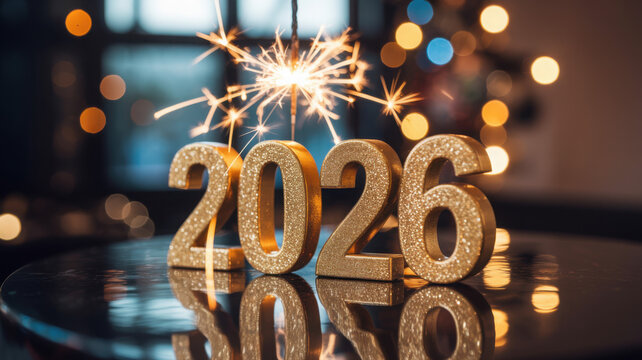 Silvester Sylvester 2026 New year New Year's Eve Party background banner panorama illustration - Abstract gold firework fireworks on dark green texture with bokeh lights - Powered by Adobe