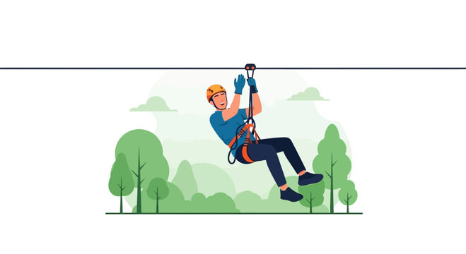 Excited Person Enjoying Zip Line Adventure Through Lush Green Forest View From The Top