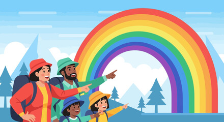 Fototapeta premium Family Discovering Colorful Rainbow While Hiking and Enjoying a Beautiful Nature Trail