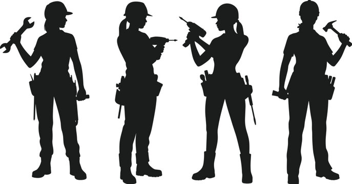 Construction workers silhouette, manual labor, power tools, wrench, drill, hammer, tradesmen, industrial workforce, skilled labor, tool belt, boots, teamwork, repair, maintenance, infrastructure