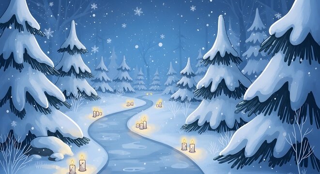 Snowy winter forest scene with candles lighting a winding path through the snow covered trees - Powered by Adobe