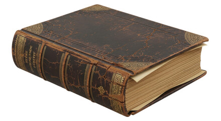 Obraz premium Old book with brown leather cover and gold accents isolated PNG with Transparent Background