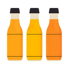 Three orange juice bottles with black caps isolated on transparent background