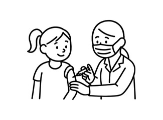 Doodle line comic style vector illustration white girl with pony tail getting vaccination shot at clinic black outline simple imperfect lines minimal details isolated on white