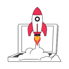 Red rocket launching with fiery exhaust isolated on transparent background