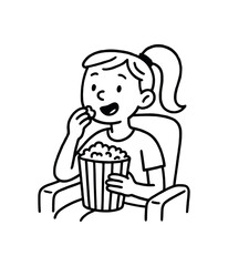 Doodle line comic style vector illustration white girl with pony tail eating popcorn cinema black outline simple imperfect lines minimal details isolated on white