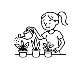 Doodle line comic style vector illustration white girl with pony tail watering houseplants black outline simple imperfect lines minimal details isolated on white