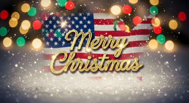 Merry christmas text with american flag and bokeh lights for festive holiday celebration