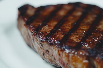 Succulent grilled steak with perfect sear marks, resting on white backdrop. Juices visible, enhancing rich, appetizing texture. Captured from side angle. Neural network AI generated