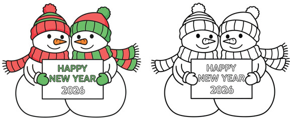 Cheerful Snowman Couple Celebrating Happy New Year 2026: Festive Winter Holiday Card Illustration