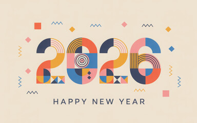 2026 New Year banner with numbers from simple geometric shapes and figures inside confetti. Template for greeting card, invitation, poster, flyer, web. Vector illustration isolated on background.