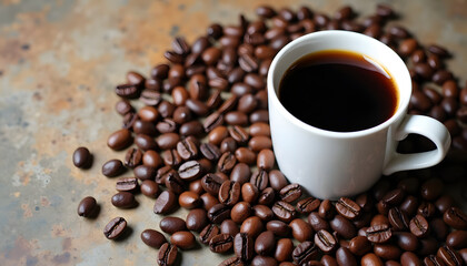 Obraz premium Freshly brewed coffee in a white mug surrounded by roasted coffee beans