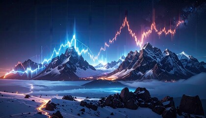 Dramatic Mountains with Blue and Red Stock Chart Overlays and Glowing Cities at Twilight