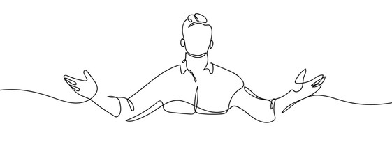 A man is standing with his hands outstretched, one continuous line. Digital single line sketch drawing vector illustration edited strokes.