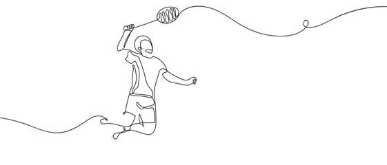 A male badminton player is jumping to hit a badminton shuttlecock, one line continuous Digital single line sketch drawing vector illustration edited strokes.