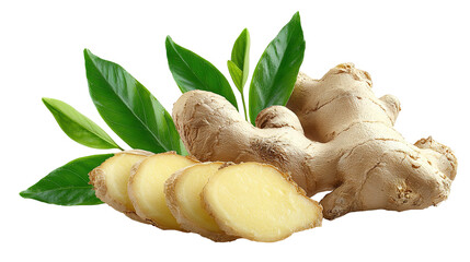 falling slices of fresh ginger root and leaves isolated on transparent white background