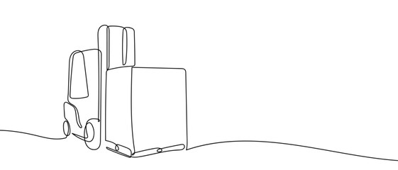 One continuous line of forklifts in the warehouse Digital single line sketch drawing vector illustration edited strokes. © Proongnee