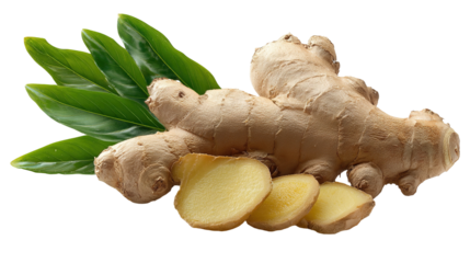 falling slices of fresh ginger root and leaves isolated on transparent white background