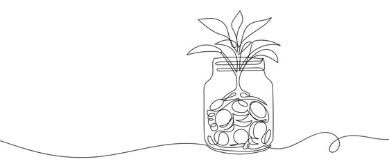 Business illustration of a coin jar with a growing plant inside, one continuous line. Digital single line sketch drawing vector illustration edited strokes.