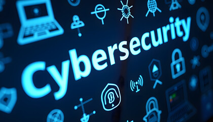 Cybersecurity concept with glowing icons and the word cybersecurity on a dark blue background