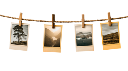 Five monochrome landscape photos hang on a clothesline