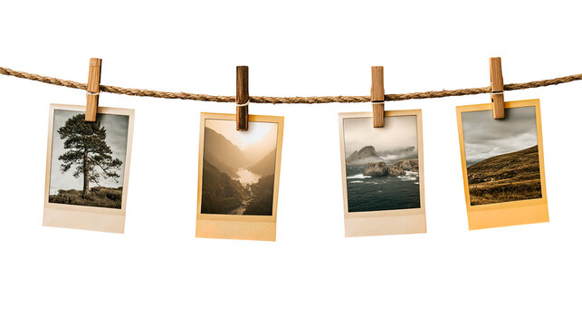 Five monochrome landscape photos hang on a clothesline - Powered by Adobe