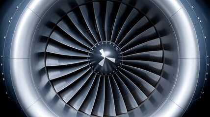 Close-up of a jet engine turbine with polished metal blades and central hub aircraft engine aviation