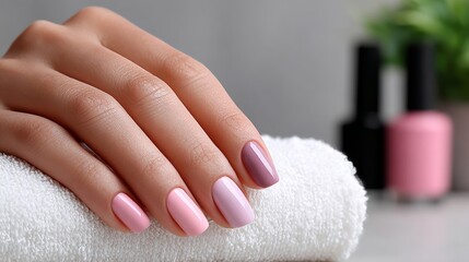 Elegant hand with beautifully manicured nails in soft pink and lavender shades resting on a white towel, surrounded by nail polish bottles, showcasing a serene and stylish nail care experience