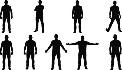Collection of diverse male figure silhouettes, standing in various common poses, including arms crossed, arms spread wide, and neutral posture, isolated on white.