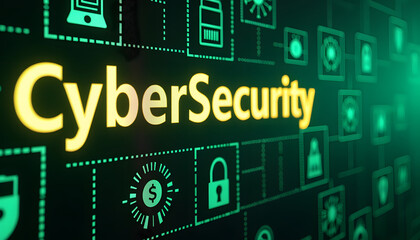 Cybersecurity concept with glowing text and digital icons on a dark background