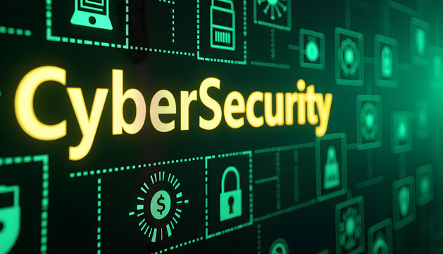 Cybersecurity concept with glowing text and digital icons on a dark background