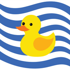 Cute Yellow Rubber Duck on Blue and White Striped Waves Vector Illustration.eps