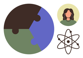 Circular puzzle globe, atomic structure, and person icon signify global unity, scientific progress, teamwork, and education. Ideal for diversity, sustainability, innovation knowledge collaboration