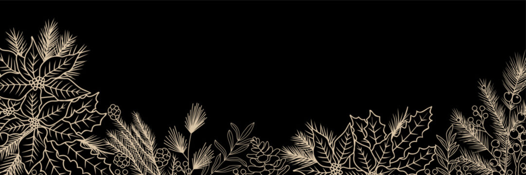 Elegant black and gold decorative winter border with pine branches, holly leaves, berries, and poinsettias, intricate line art on black background for festive designs