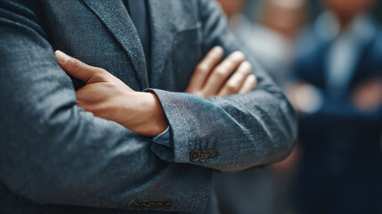 Person in suit stands confidently with arms crossed, exuding professionalism in business setting