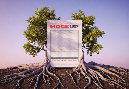Page Poster Mockup Hold by Trees Roots and Golden Pears