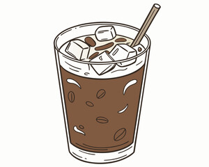Iced coffee in a glass with straw, refreshing drink