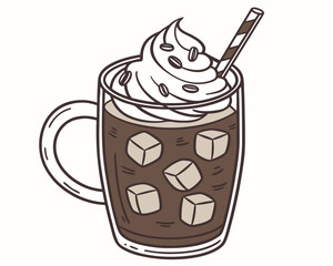 Iced coffee with whipped cream, sweet and cool