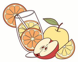 Illustration of a refreshing orange drink with sliced oranges and an apple