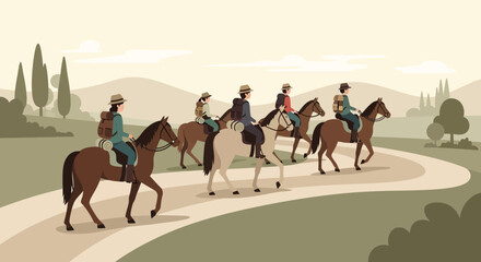 Group Of Adventurers Riding Horses Along A Winding Trail In The Countryside