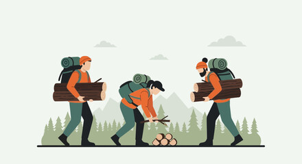 Group Of Adventurers Preparing for Overnight Camping Expedition in Mountainous Wilderness