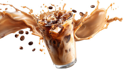 Refreshing iced coffee with milk splash captured in motion, showing freshness, energy, and a delicious lifestyle drink in a minimal aesthetic background